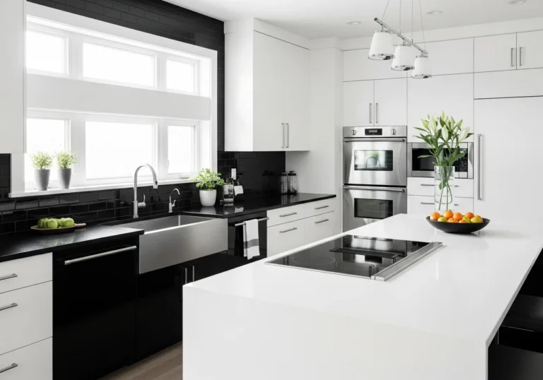Full view of black and white countertops kitchen