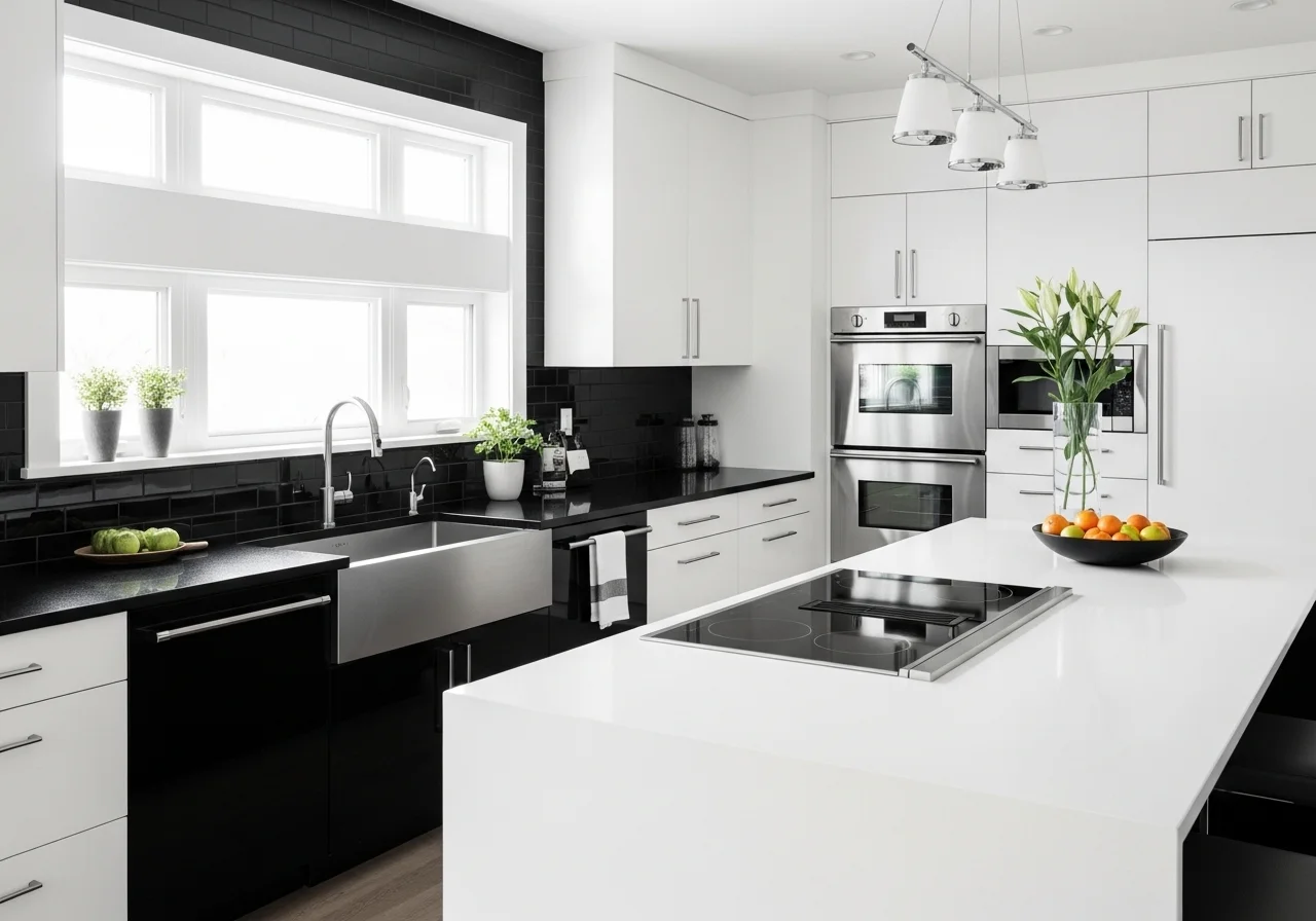 Full view of black and white countertops kitchen
