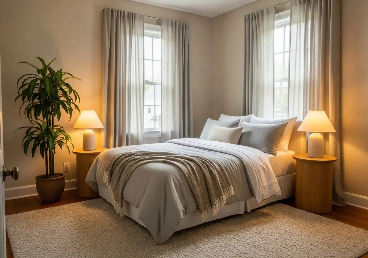Full guest bedroom view cozy neutral welcoming comfortable peaceful space