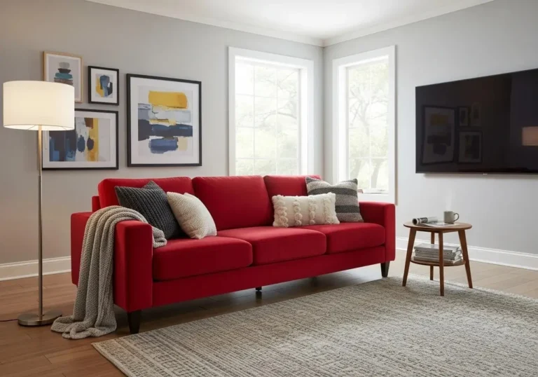 Beautiful red couch living room look