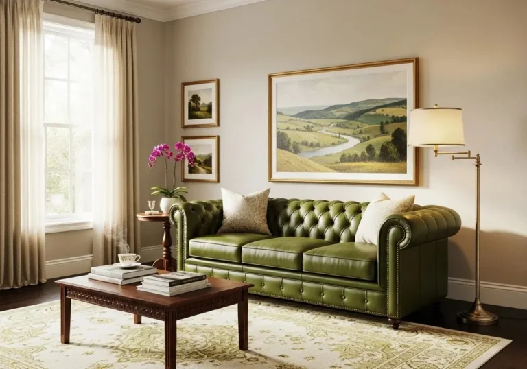 Full view of green leather couch living room beautiful look