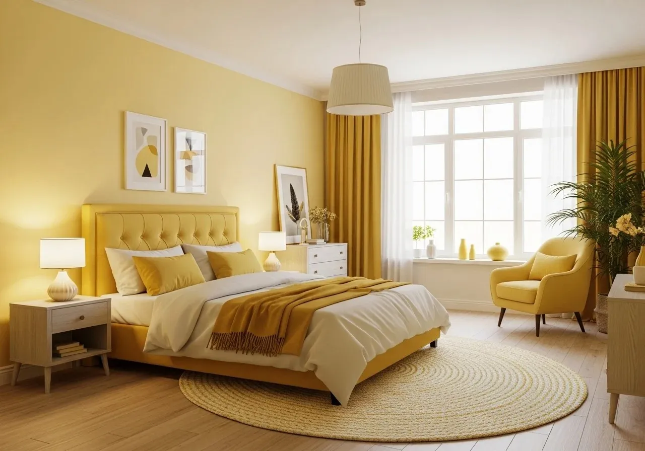 Full view of yellow bedroom beautiful look