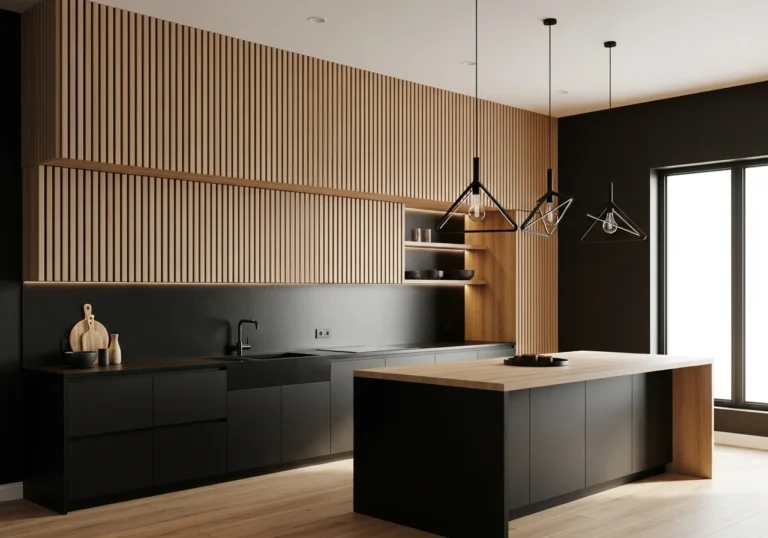 black wall kitchen with wood slats LOOK